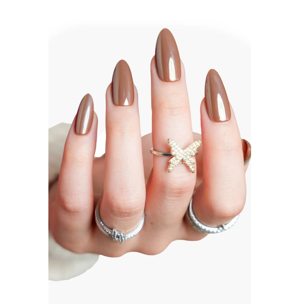 Brown Medium-Sized Almond Fake Nails (24 Pieces) - Glazed Chocolate Donut Hailey Bieber