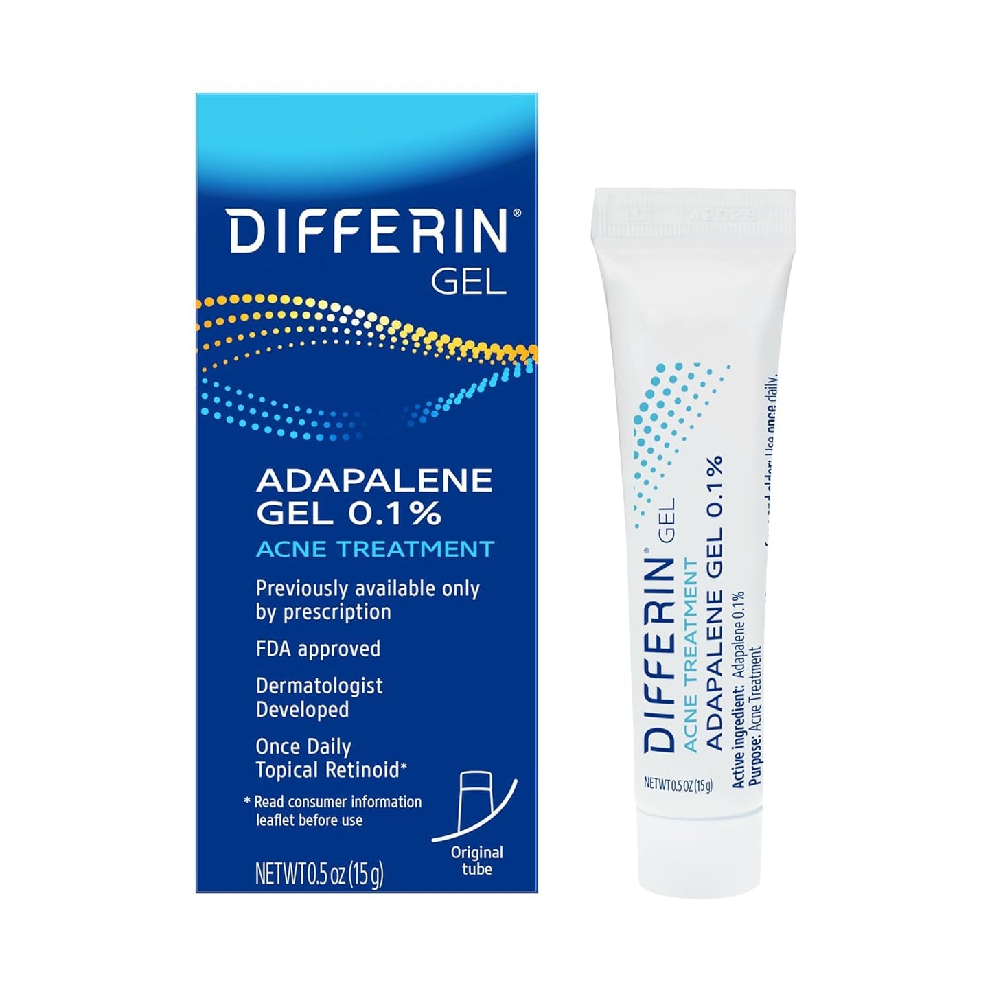 Differin Acne Treatment Gel, Retinoid Treatment for Face with 0.1% Adapalene, Gentle Skin Care for Acne Prone Sensitive Skin, 15g Tube