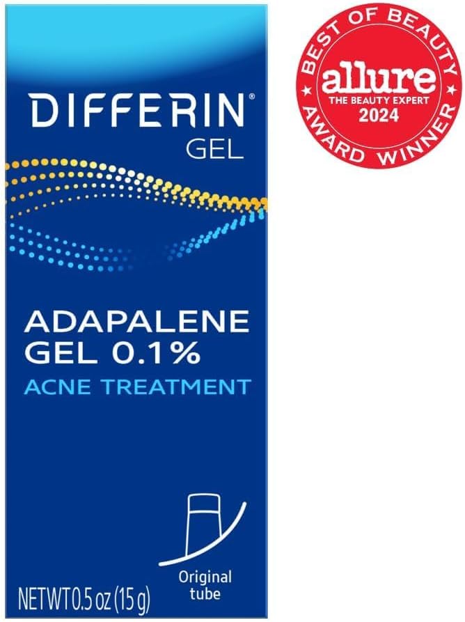 Differin Acne Treatment Gel, Retinoid Treatment for Face with 0.1% Adapalene, Gentle Skin Care for Acne Prone Sensitive Skin, 15g Tube